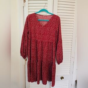 Women's M Red and White Midi Dress with Long Sleeves